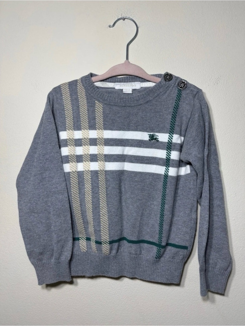 Burberry Gray Knit Sweater with Beige, White & Green Stripe Accents